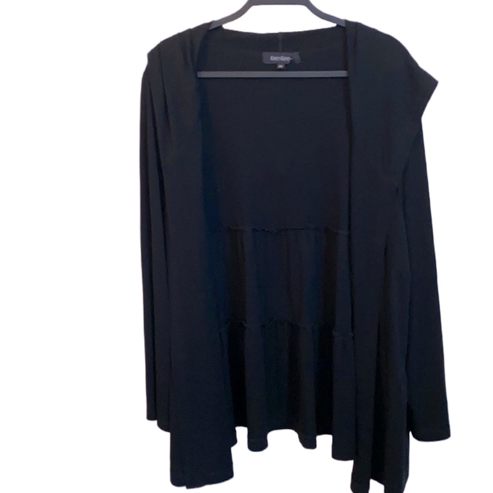 🖤 Karen Kane Long, Long-Sleeve Tiered Jersey Knit Hooded Open Cardigan, Plus 3X
